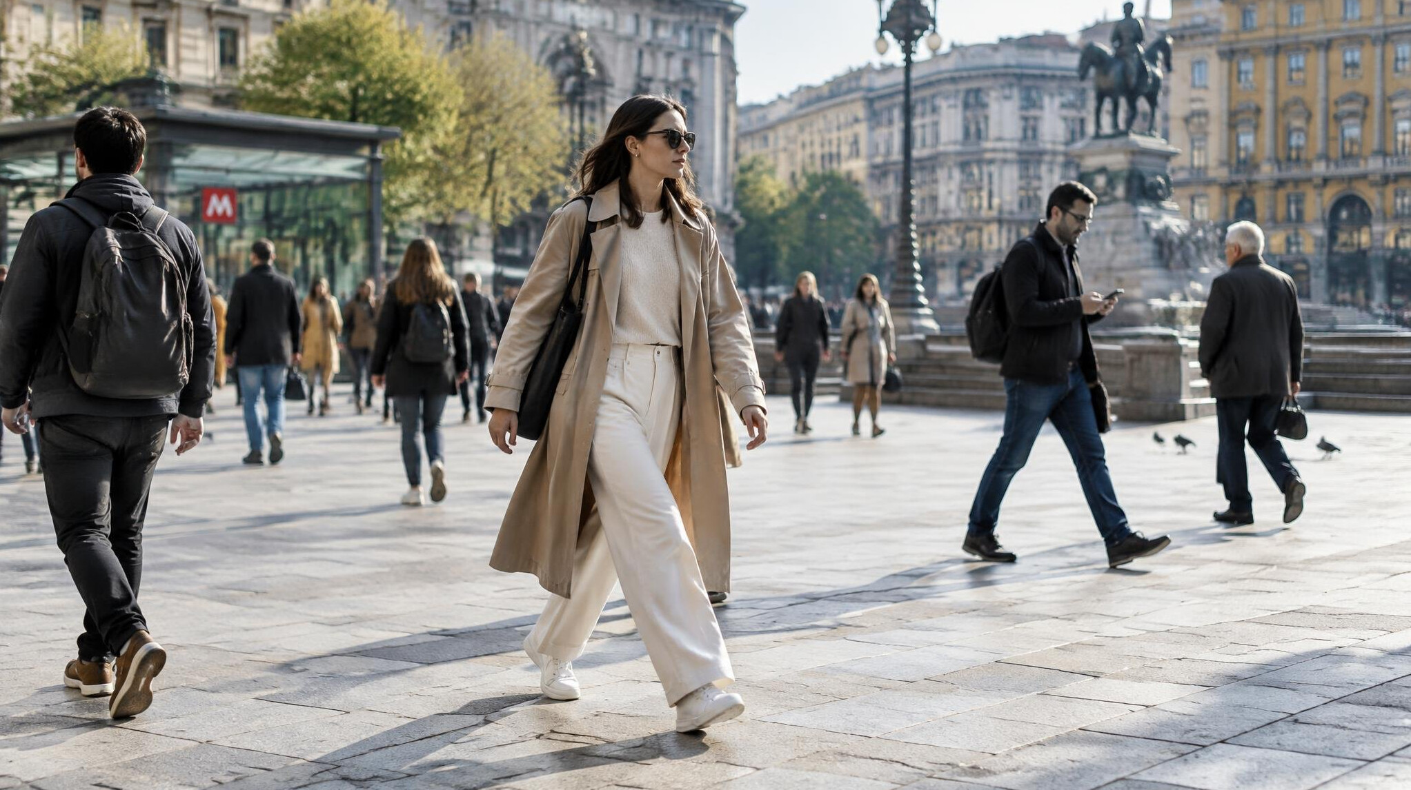 woman crossing city square