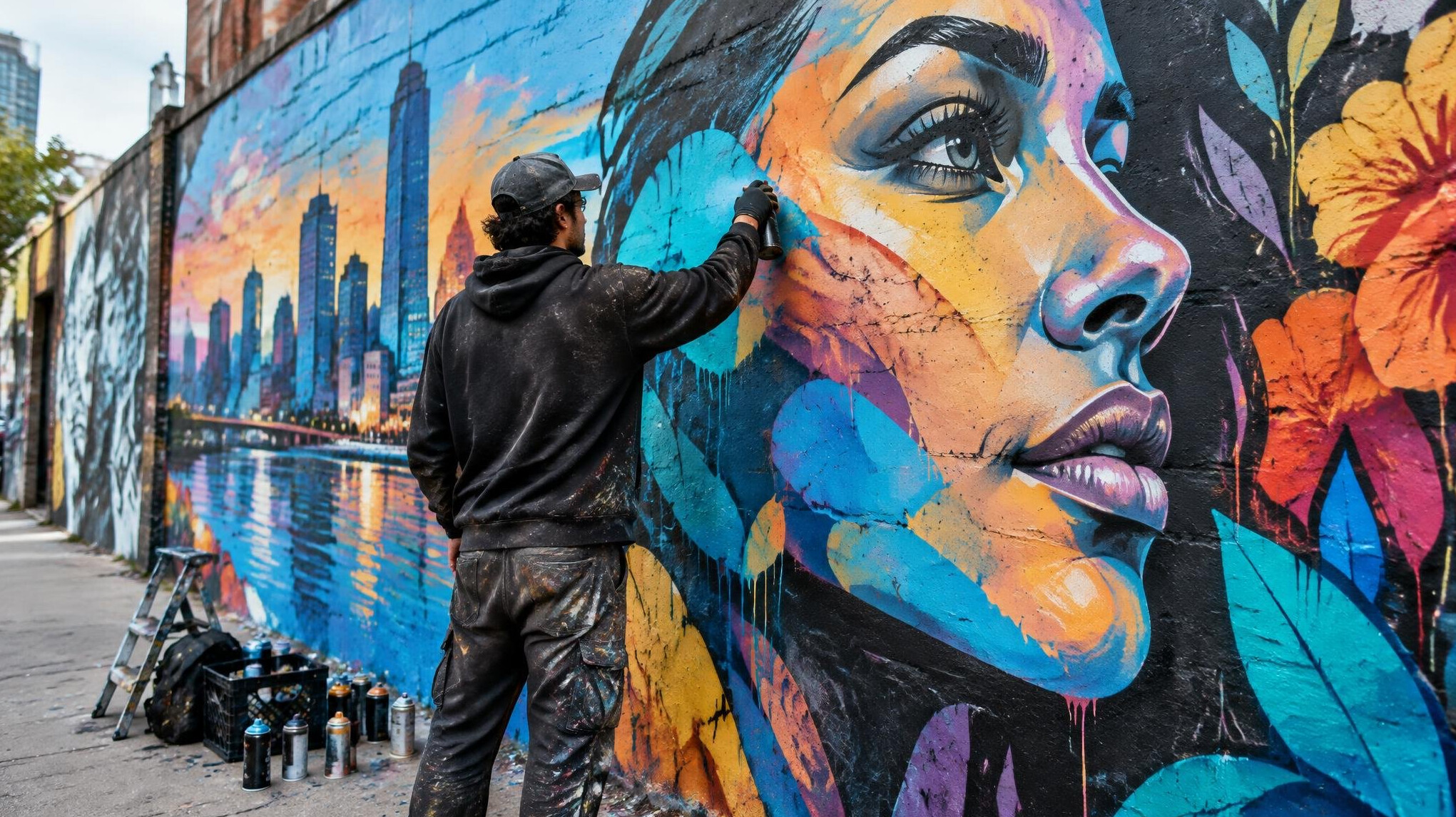 street artist painting mural