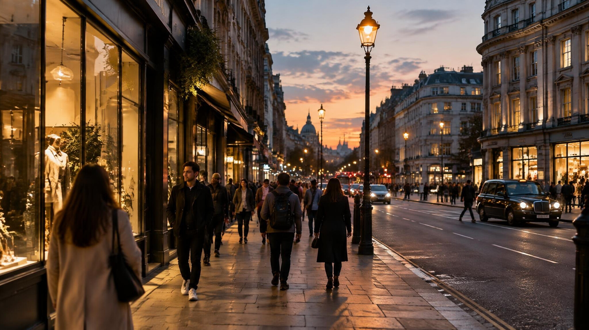 City street at dusk with pedestrians and glowing shop lights