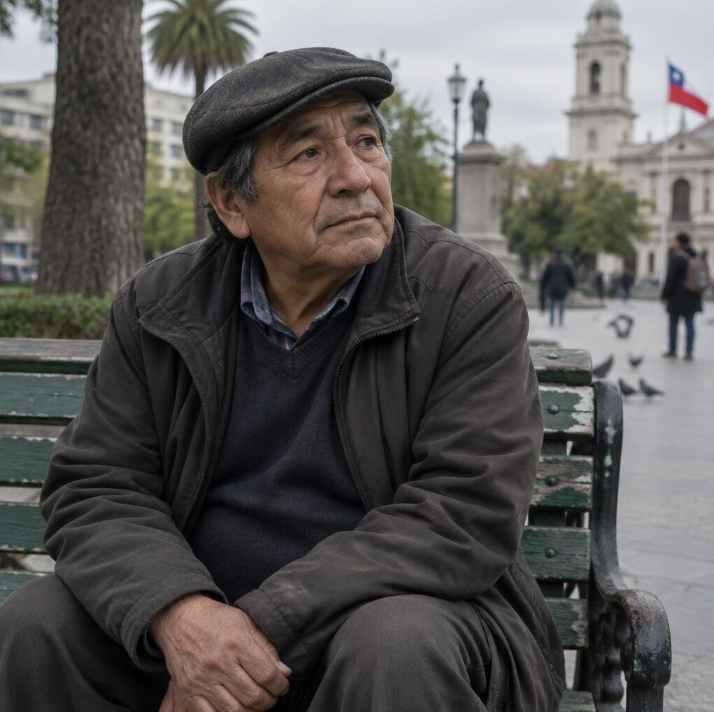 Portrait of an elderly Chilean man sitting on a park bench