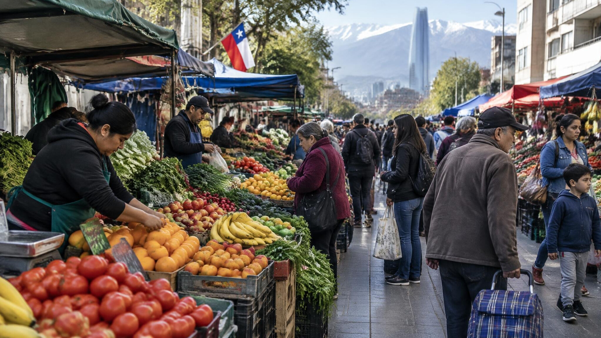 Chilean vendors and shoppers at an outdoor street market