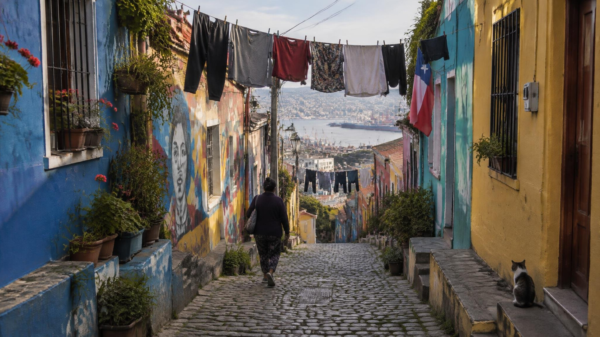 Narrow urban alley with hanging laundry lines and colorful walls